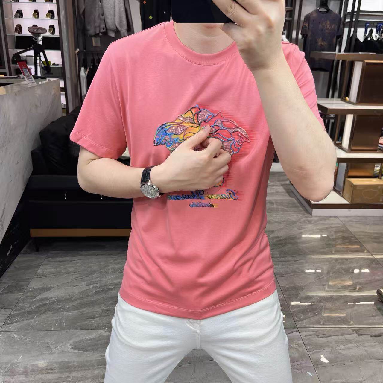 男士夏季美杜莎烫钻短袖T恤