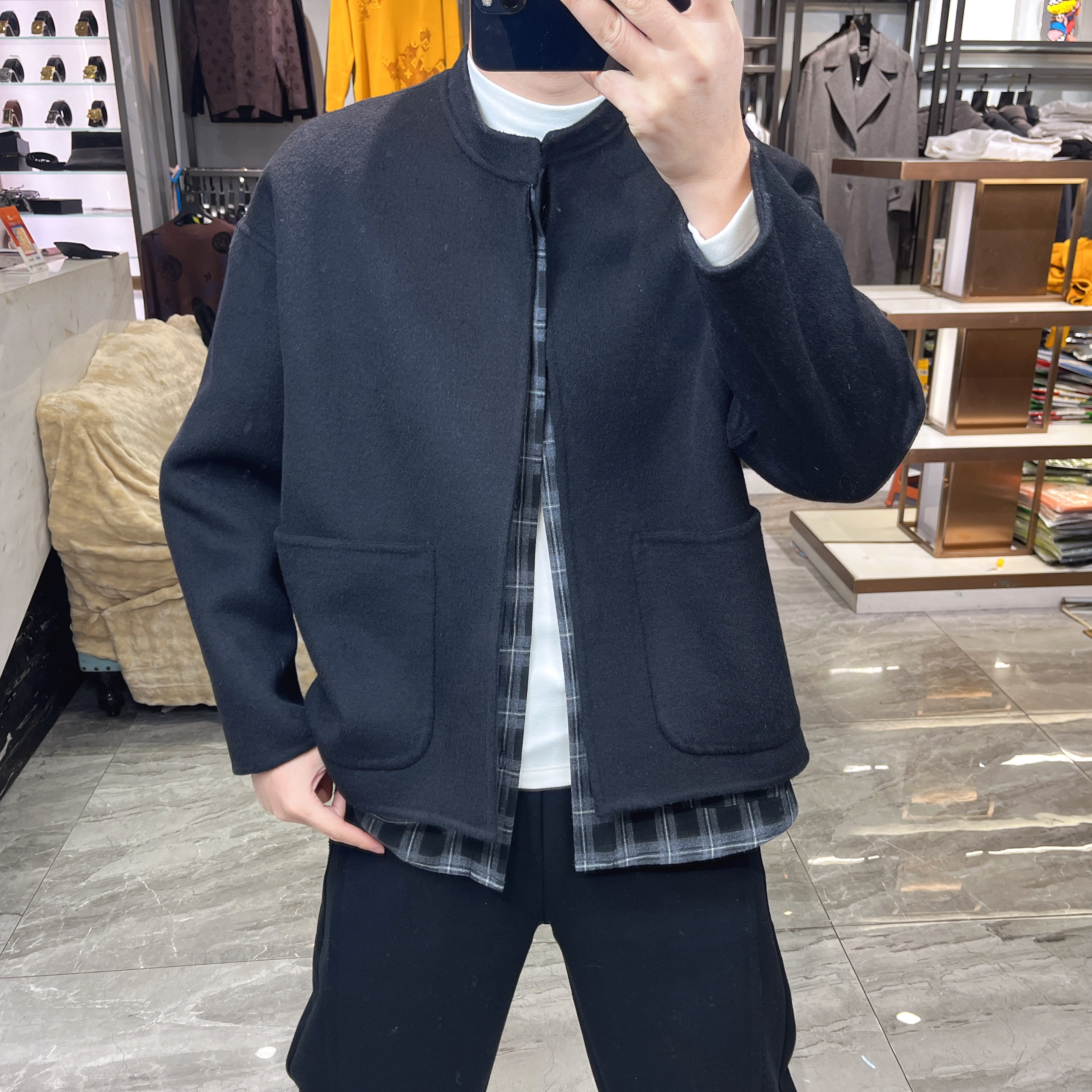 短款男士双面羊绒立领格纹大衣