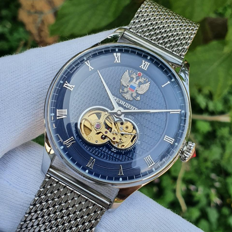 俄罗斯总统表欧美商务男手表自动机械蓝色镂空玻璃透底珍珠贝母
