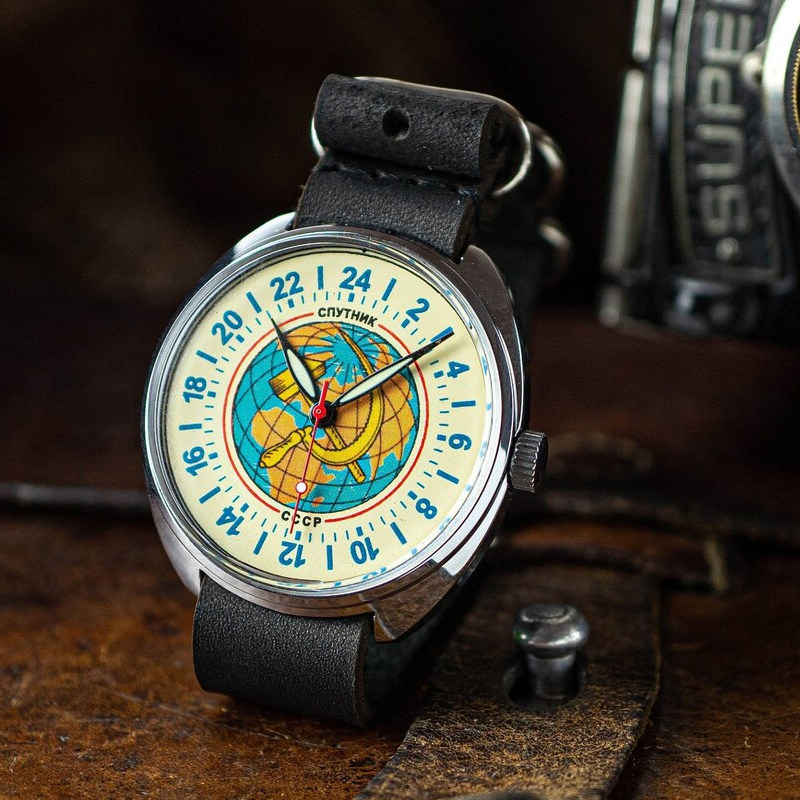 苏联手表库存老表镰刀斧头机械机芯皮带24小时显示夜光复古收藏