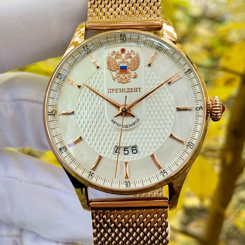双头鹰俄罗斯总统表自动机械镀金玻璃透底珍珠贝母表盘红宝石防水