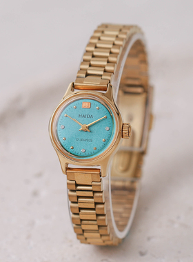国货HAIDA海达小巧蓝绿色表盘手动机械表圆形经典复古怀旧女表