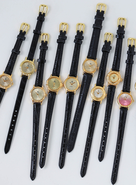 vintage上海产复古镀金小表黑色真皮表带手动机械考试计时90年代