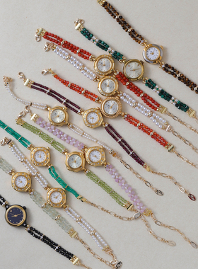 Vintage珠宝女表宝石玉石天然石珍珠水晶手链紫磷灰手动机械表