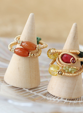 纯手工编织水晶玉石戒指戒环秀气大气复古DIY戒指设计原创天然