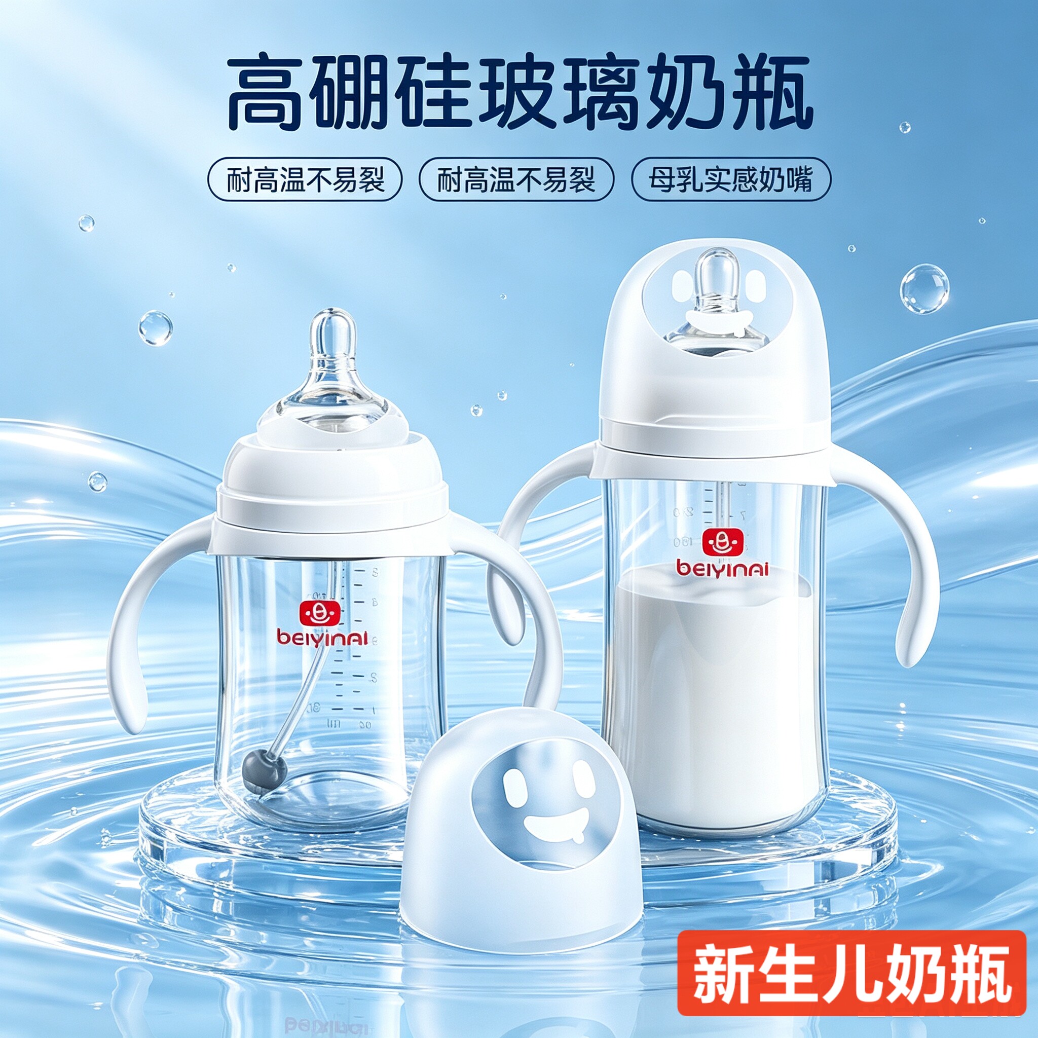 贝因爱新生儿玻璃奶瓶160-40ml婴儿带把手吸管组防呛奶仿母乳奶瓶
