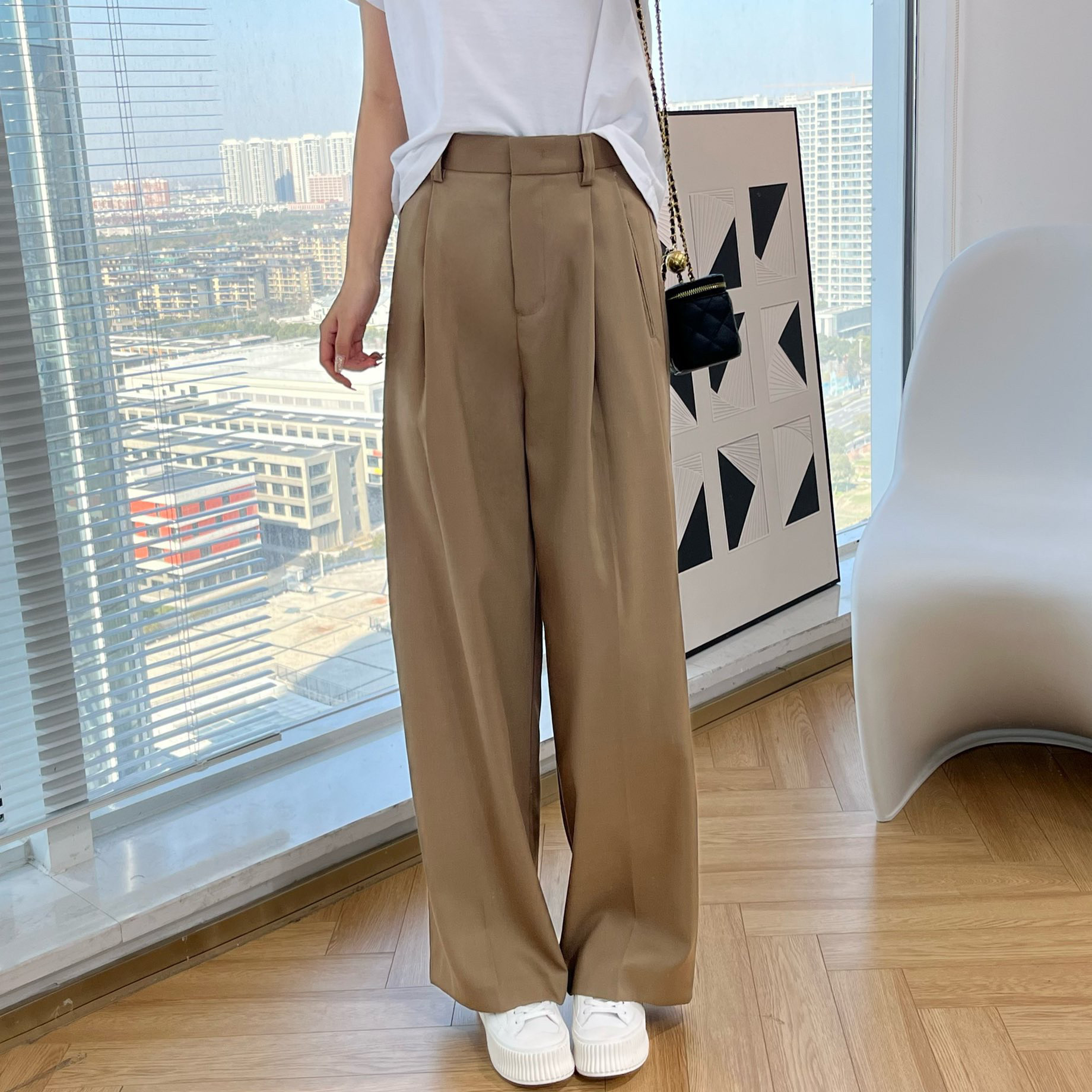 niu zi 日本宾霸里衬精纺羊毛显瘦阔腿西裤女休闲拖地长裤春