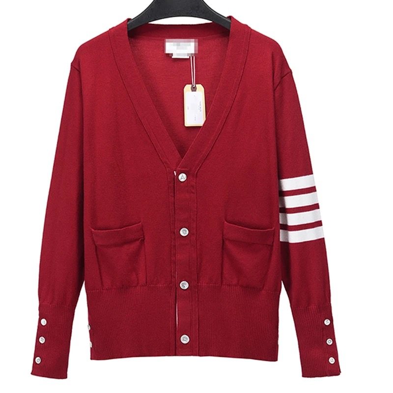 TB本命年红色开衫毛衣四条杠韩版V领修身外套男女同款打底针织衫