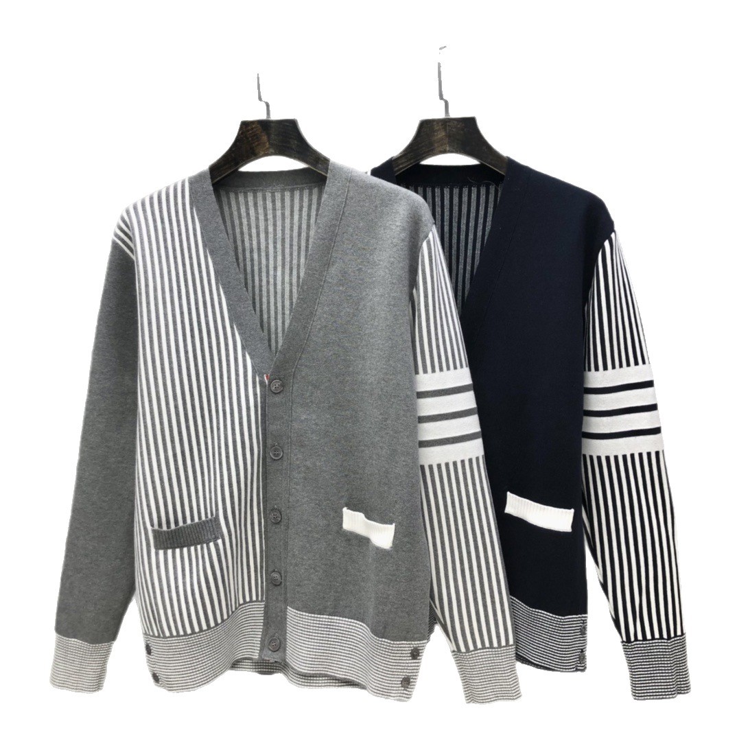 高定TB秋冬新款高版间色条纹开衫毛衣V领针织衫男女同款百搭