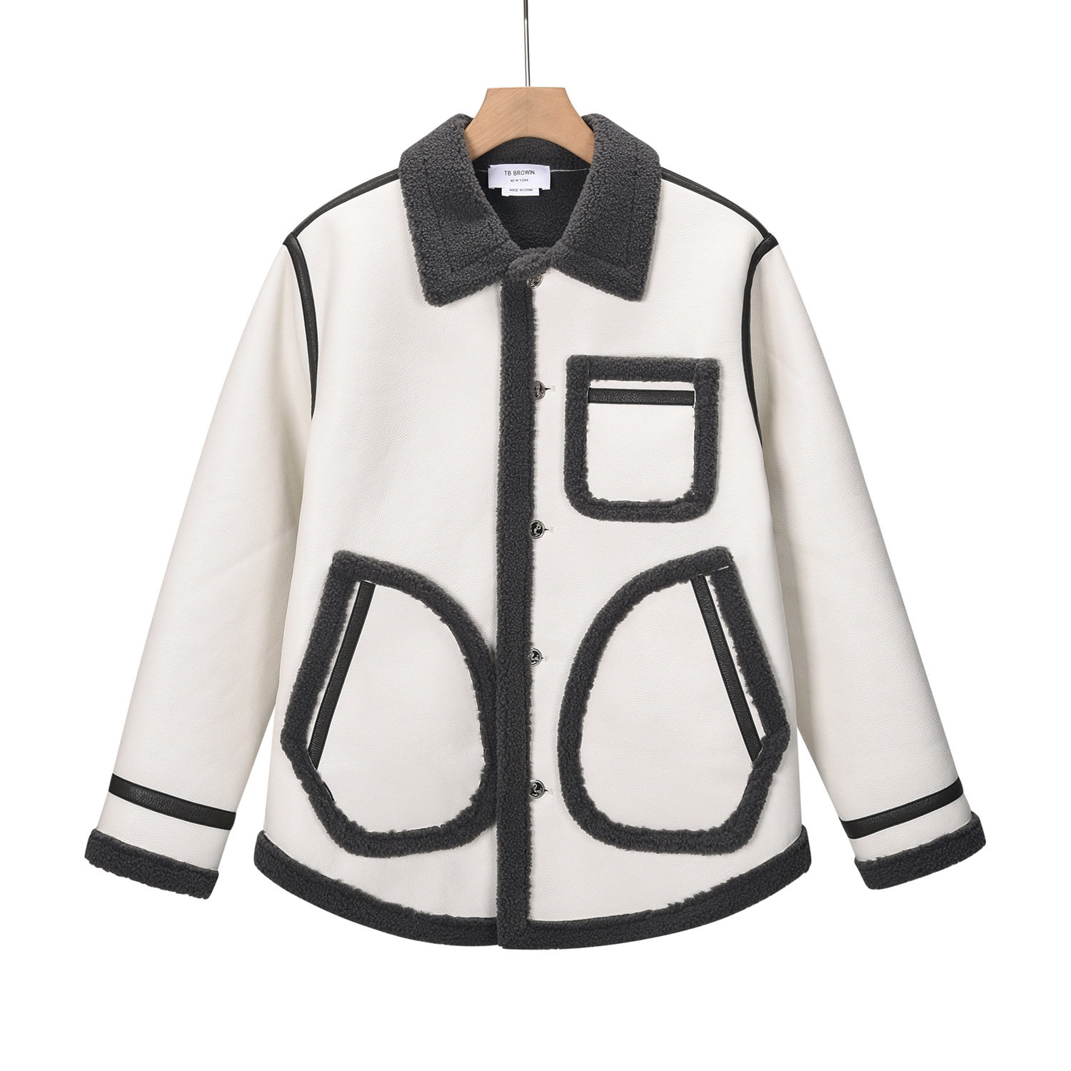 TB秋冬新款毛呢款翻领外套拼色多口拼皮夹克大衣女高个子机车服