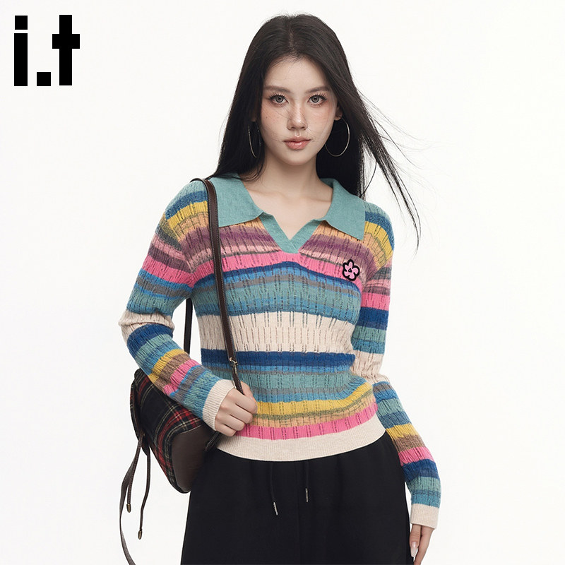 itGROUNDZERO新春休闲修身时尚彩虹条纹蓝色镂空POLO领针织衫打底