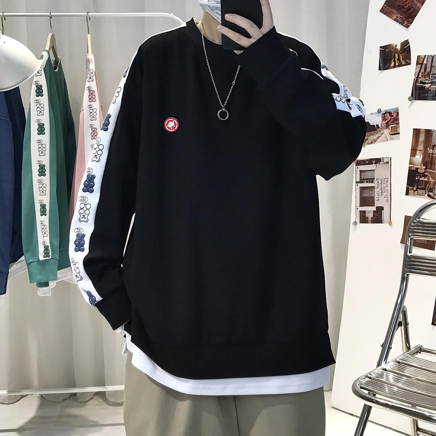 新款潮流寬鬆圓領假兩件男女版恤情侶衛衣