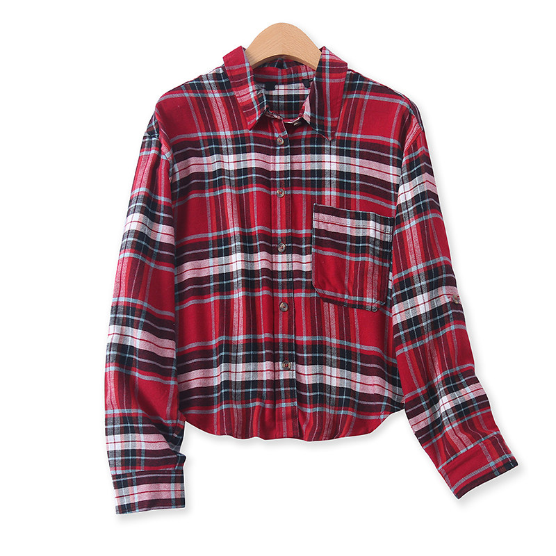 格子衬衫秋季新款外贸女装减龄宽松单排扣显瘦翻领长袖衬衣12056