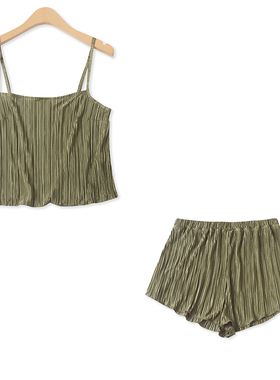 套装分开出售夏季新款外贸女装褶皱波纹吊带背心+松紧腰短裤17845