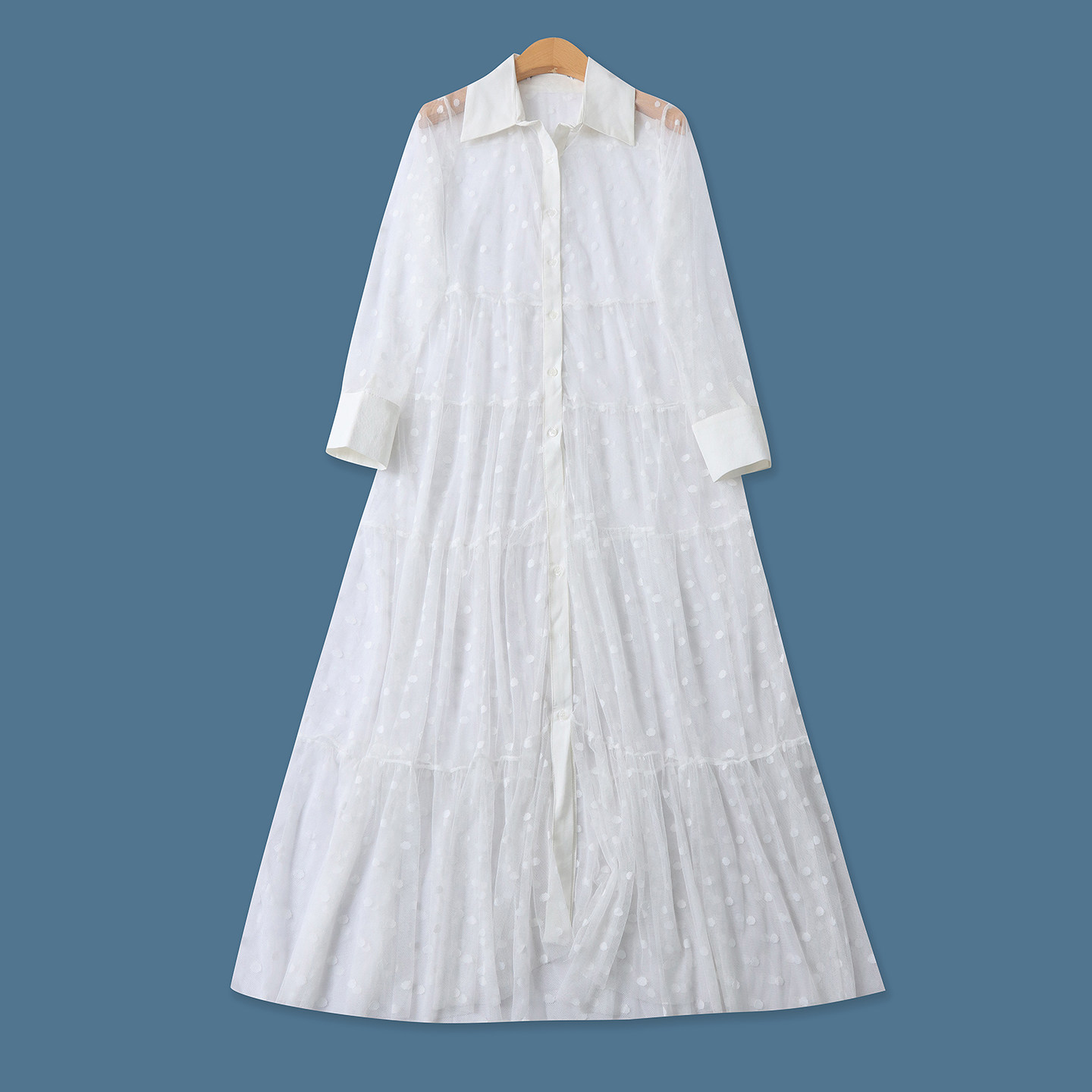 透视网纱裙春夏新款外贸女装甜美翻领单排扣拼接长袖罩衫裙19701