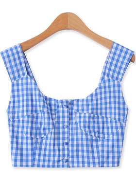 吊带抹胸春夏新款外贸女装内搭减龄修身前扣短款格子小背心12728