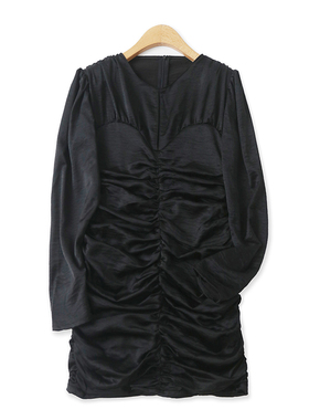 褶皱连衣裙秋季新款外贸女装性感包臀显瘦泡泡长袖套头短裙15755