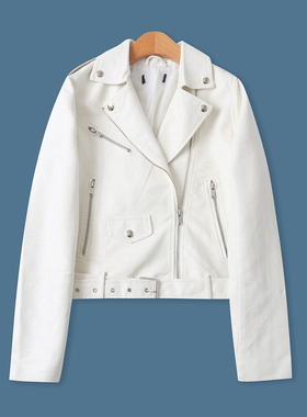 PU皮短款夹克春季新款外贸女装时尚修身金属风长袖机车外套19463