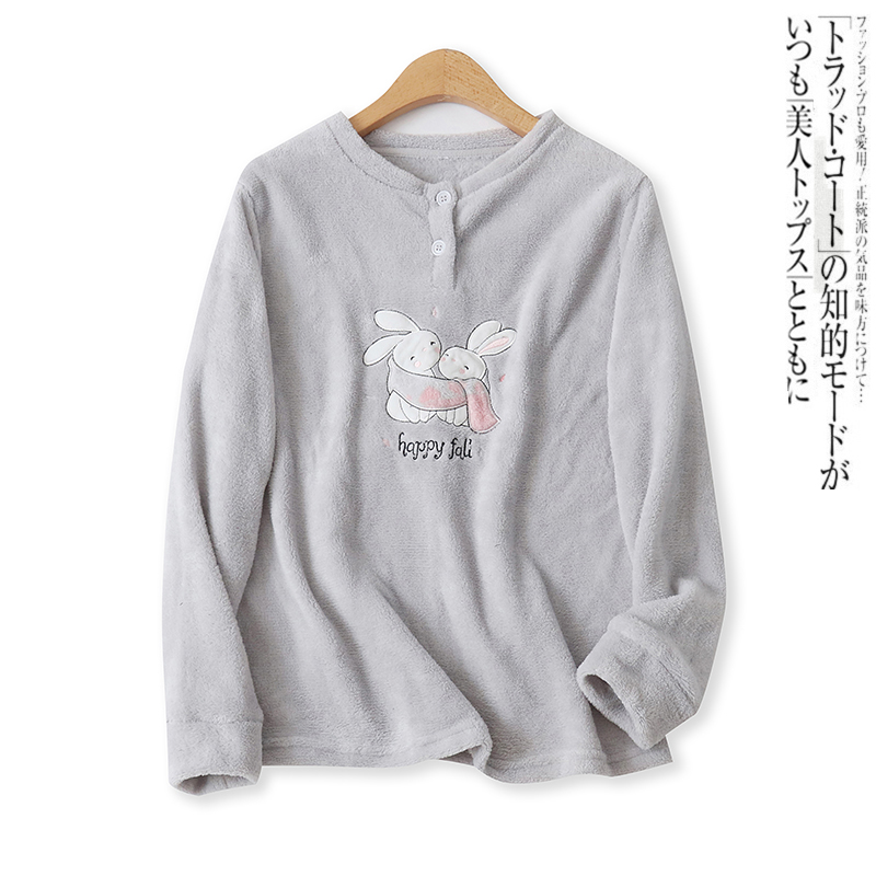 刺绣家居服冬季新款外贸女装保暖圆领宽松长袖套头印花绒衫15673