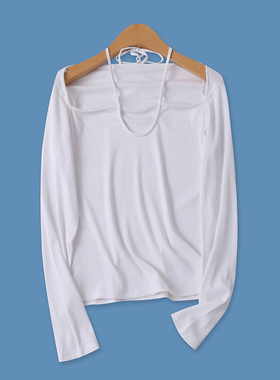 针织打底衫春季新外贸女装时尚百搭挂脖镂空弹力修身长袖T恤16042