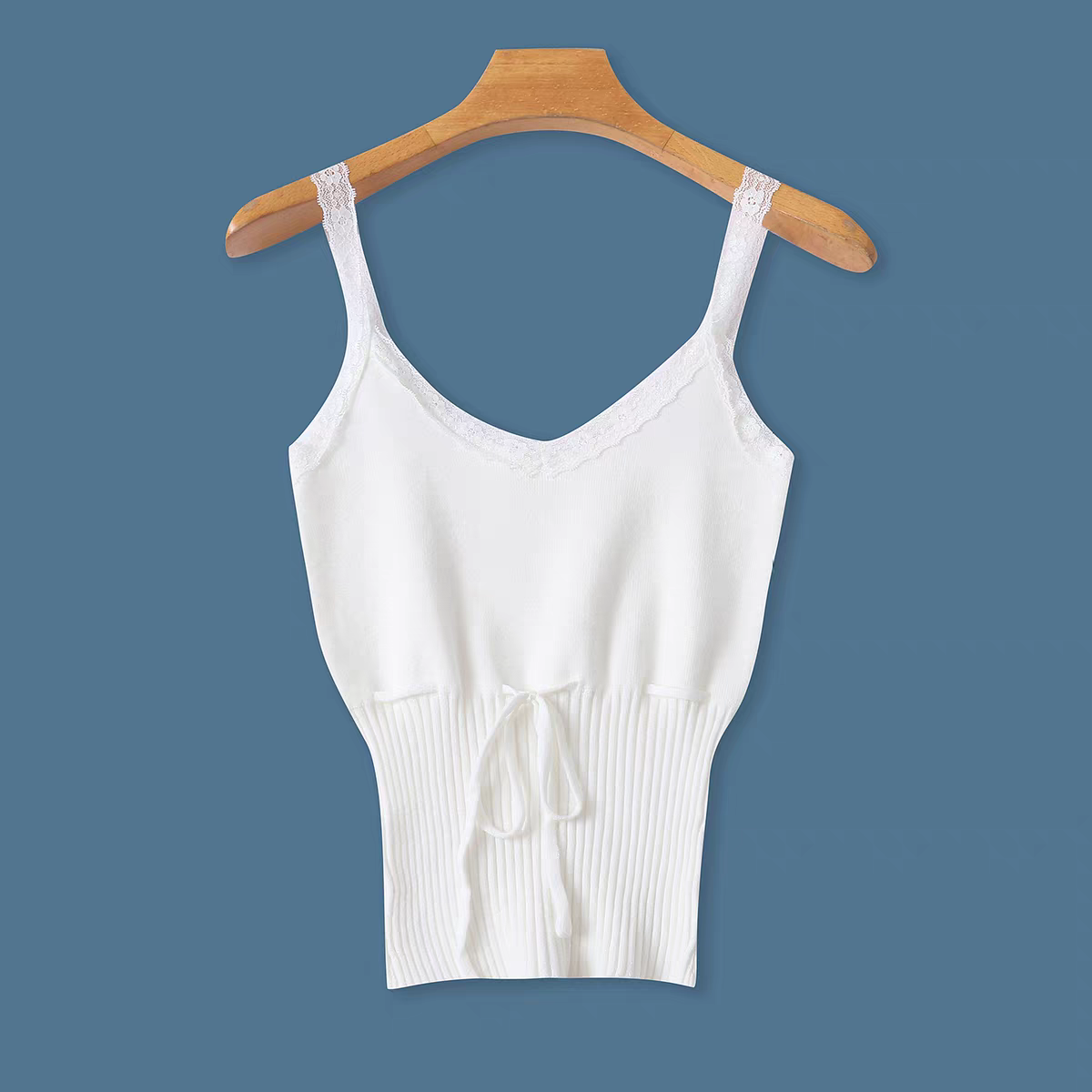 针织蕾丝吊带衫夏季新款外贸女装百搭纯色收腰系带V领背心18791