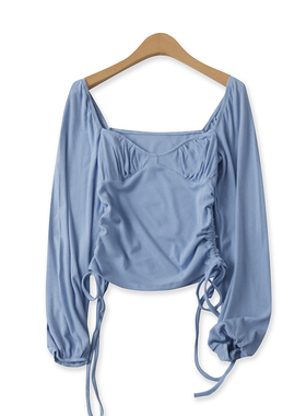 抽褶时尚T恤春新款外贸女装百搭方领短款显瘦绑带长袖螺纹衫16228