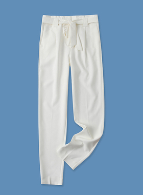 休闲西裤春季新款外贸女装时尚高腰绑带微弹力修身休闲长裤13988