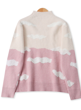 高领撞色毛衣冬季新款外贸女装软糯宽松长袖云朵针织打底衫19280