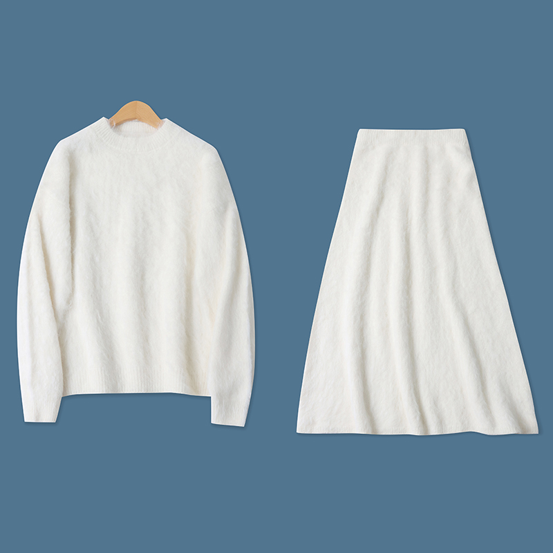 时尚针织套装秋新款外贸女装仿水貂毛长袖上衣+高腰半身长裙17916