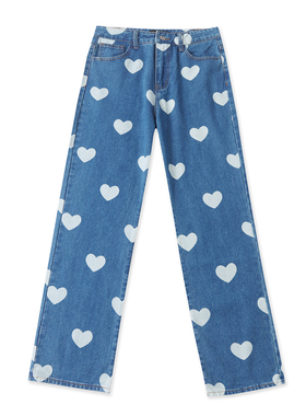 爱心印花牛仔裤冬新款外贸女装时尚百搭高腰显瘦多口袋长裤19170