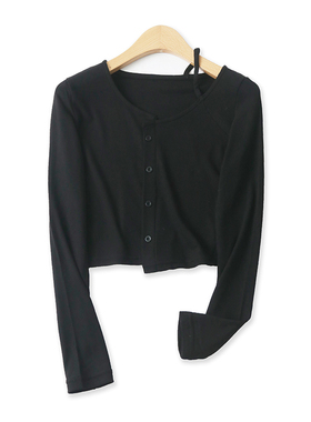 时尚T恤春秋季新款外贸女装百搭露锁骨装饰扣修身长袖螺纹衫16201