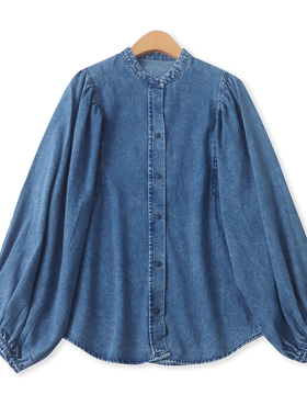 泡泡袖牛仔衬衣春新款外贸女装单排扣显瘦长袖水洗拼接衬衫19581