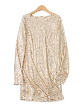 亮片礼服裙秋季新款外贸女装洋气时尚圆领修身长袖套头中裙17136