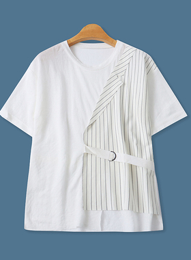 撞色拼接T恤夏季新款外贸女装不规则圆领可收腰条纹短袖上衣18123