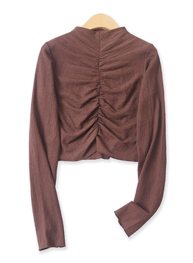 褶皱打底衫秋新款外贸女装时尚修身短款肌理感长袖套头上衣17242