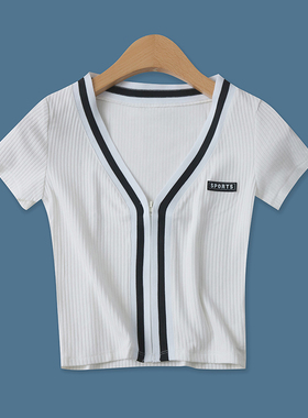 撞色螺纹T恤夏新款外贸女装百搭显瘦短款深V领拉链短袖上衣16241