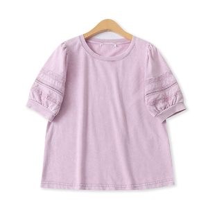水洗棉T恤夏新款外贸女装百搭休闲圆领宽松褶皱刺绣短袖上衣19554