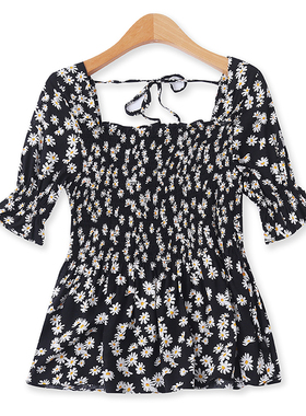 碎花小衫夏季新款外贸女装减龄小雏菊松紧褶皱系带短袖上衣12713