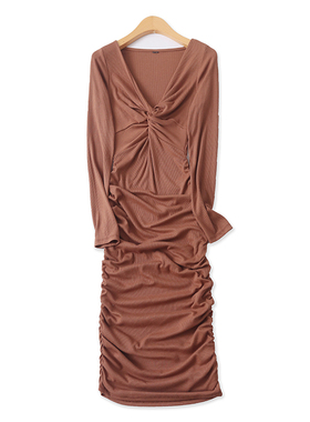 褶皱螺纹裙秋季新款外贸女装时尚V领收腰包臀长袖套头连衣裙17016