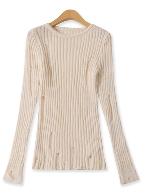 镂空破洞针织衫秋季新款外贸女装百搭圆领修身长袖坑条毛衣18840