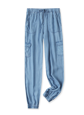 天丝休闲裤春新款外贸女装糖果色百搭松紧腰多口袋束口长裤13868