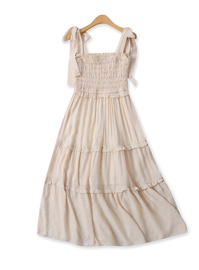 木耳拼接吊带裙夏季新款外贸女装百搭时尚褶皱修身绑带长裙18319