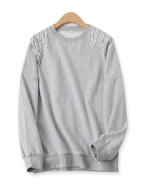 流苏卫衣春季新款外贸女装百搭减龄圆领宽松螺纹边长袖上衣14365