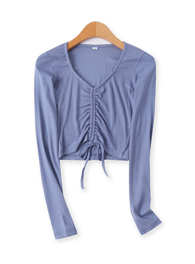 时尚T恤秋季新款外贸女装百搭短款弹力修身抽褶系带长袖上衣13099