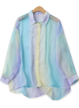 渐变色防晒衣春夏新款外贸女装中长翻领单排扣长袖轻薄衬衫16766