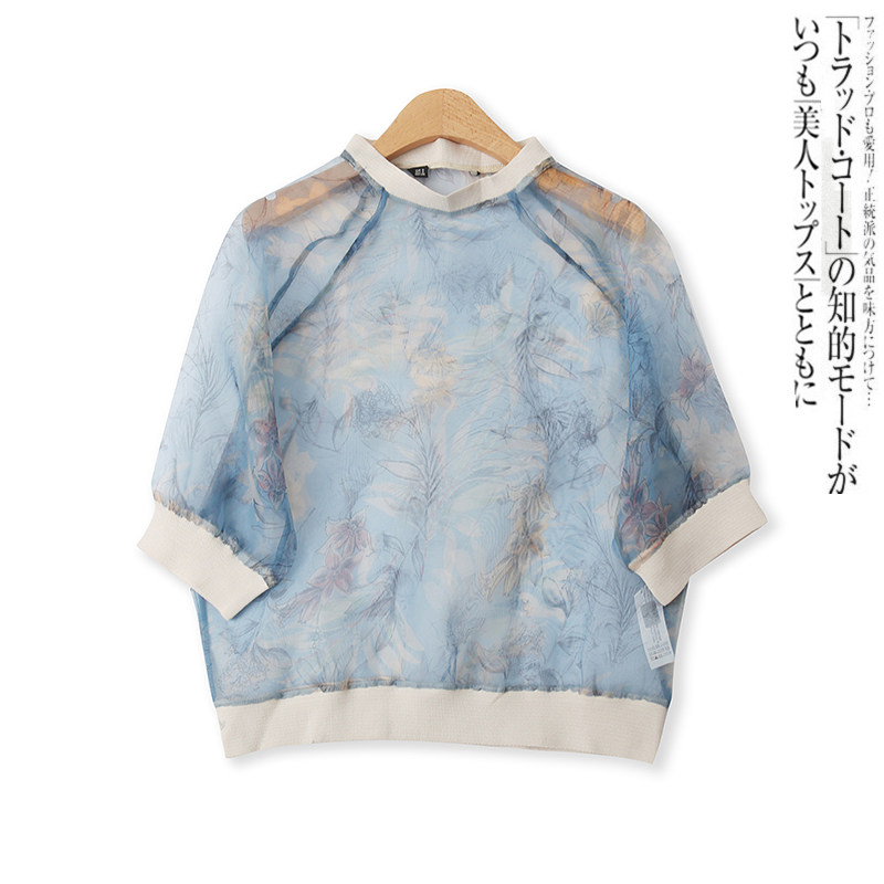 网纱印花衫夏季新款外贸女装民族风透视显瘦螺纹收口短袖T恤15187