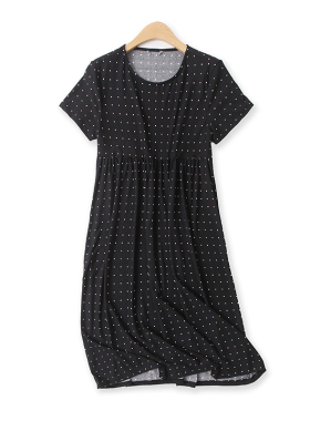 波点连衣裙夏季新款外贸女装减龄百搭宽松短袖圆领套头长裙15002