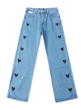 爱心印花牛仔裤秋季新款外贸女装时尚百搭高腰修身直筒长裤19130