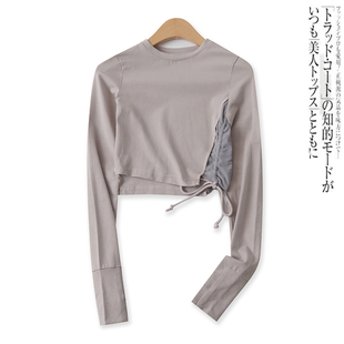 网纱拼接抽绳长袖 纯色T恤春季 上衣16165 百搭短款 时尚 新款 外贸女装