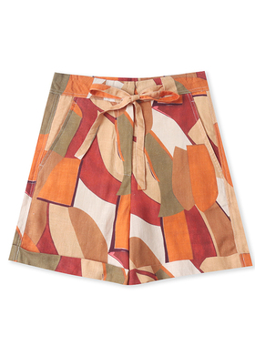 高腰棉麻短裤夏新款外贸女装欧美风百搭显瘦系带翻边印花裤17986